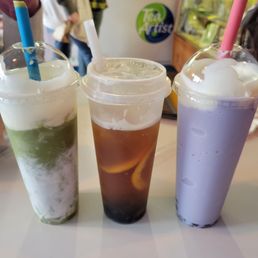 Matcha boba, lemon fruit tea, taro boba Matcha boba, lemon fruit tea, taro boba