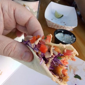 Deckhand Dave's Fish Tacos - one taco, for size comparison - Food Trucks Near Me - Juneau, Alaska Deckhand Dave's Fish Tacos - one taco, for size comparison - Food Trucks Near Me - Juneau, Alaska