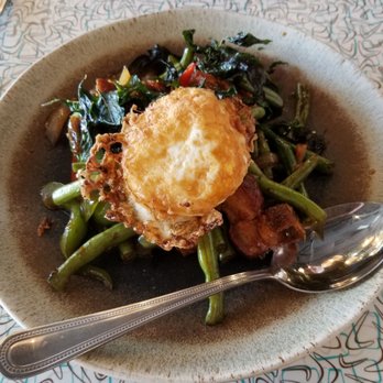 Thai Maison - Pad Kraprao with crispy pork belly & fried egg on top - Thai Near Me - Bellingham, Washington