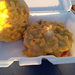 Yum on a Bun - Mac and cheeseburger. Packed full of goodness.