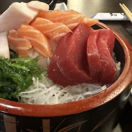 Chirqshizushi. 3 kind of fishes and seaweed salad. Don't spend $23.95 on it, not worthy