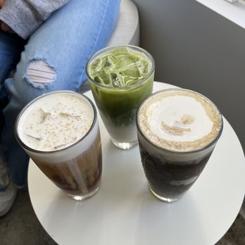 Mind Coffee - Left to right: Cold brew Crema, Matcha Latte, Hojicha Crema all watery.. - Coffee & Tea Near Me - Berkeley, California Mind Coffee - Left to right: Cold brew Crema, Matcha Latte, Hojicha Crema all watery.. - Coffee & Tea Near Me - Berkeley, California