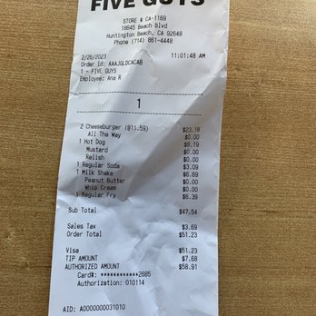 Five Guys - Our receipt, we were guest number 1 - Burgers Near Me - Huntington Beach, California