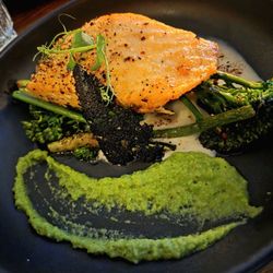 The Olive Kitchen & Bar - Salmon Filet; Pea puree, Mixed Veg, Noilly Prat reduction