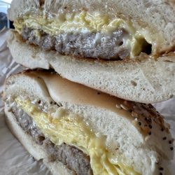 Goodies - BROKEBACK BAGEL - $8.05 Scrambled eggs, Calabria pork store sausage, American cheese