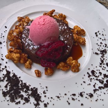 Oakleys Bistro - Brownie with caramel popcorn and strawberry glaze - New American Near Me - Indianapolis, Indiana