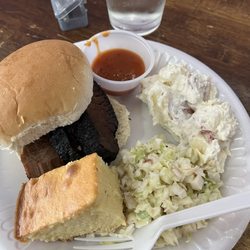 The Cork - Brisket bbq sandwich, cornbread, potato salad, Cole slaw