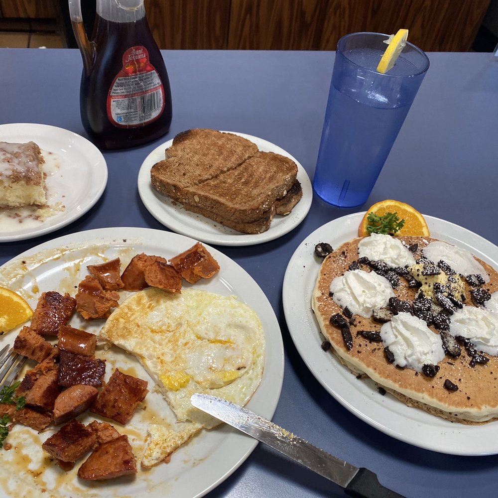 Beach Break Cafe - Oreo pancake, wheat toast, two eggs with Portuguese Linguica Sausage, And Coffee Cake - Breakfast & Brunch Near Me - Oceanside, California