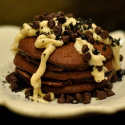 Babycakes - Chocolate Stout Pancakes - Chocolate Guinness Pancakes with Bailey's Irish Cream Glaze, Mini Chocolate Chips, and Guinness Soak