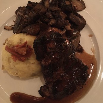 Seasons 52 - Fillet Mignon (6 oz) with mashed potatoes and extra mushrooms in a brown (wine?) sauce - I begged off the green beans. - New American Near Me - Garden City, New York Seasons 52 - Fillet Mignon (6 oz) with mashed potatoes and extra mushrooms in a brown (wine?) sauce - I begged off the green beans. - New American Near Me - Garden City, New York