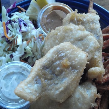 Barnacle Bistro - 2/3 pound Alaskan Cod fish and chips with Sweet Potato fries (yum!) - American Near Me - Gold Beach, Oregon