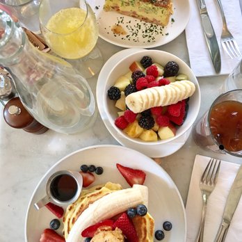 Five Leaves - Ricotta pancakes, fruit salad, daily quiche, mimosa, & iced americano - New American Near Me - Brooklyn, New York Five Leaves - Ricotta pancakes, fruit salad, daily quiche, mimosa, & iced americano - New American Near Me - Brooklyn, New York