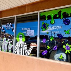 El Mexicano Restaurant - Love the Beetlejuice window art for Halloween!