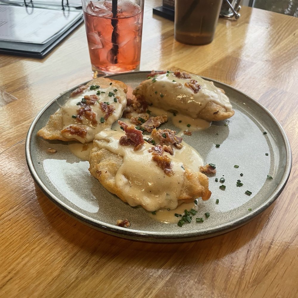 Schnitz Ale Brewery - Potato pierogis with bacon bits. - Breweries Near Me - Parma, Ohio Schnitz Ale Brewery - Potato pierogis with bacon bits. - Breweries Near Me - Parma, Ohio