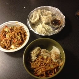 Chicken Lo Mein and steamed chicken dumplings Chicken Lo Mein and steamed chicken dumplings