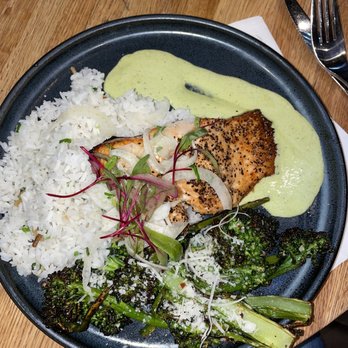 Earls Kitchen + Bar - Salmon Feta Caper Aioli with Scallion Rice - New American Near Me - McLean, Virginia Earls Kitchen + Bar - Salmon Feta Caper Aioli with Scallion Rice - New American Near Me - McLean, Virginia