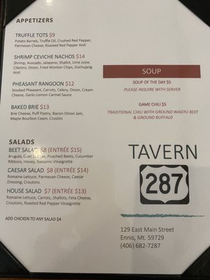 Menu photo 1 Tavern 287 Ennis, MT