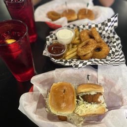 Frings, Happy Hour Fish Sandwich sliders, & Happy Hour The Duke sliders Frings, Happy Hour Fish Sandwich sliders, & Happy Hour The Duke sliders