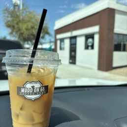 Small, cold brew ice coffee with oatmilk, and sugar free Carmel syrup