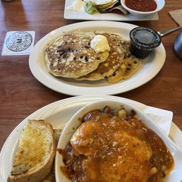 Fiesta Skillet, chocolate chip pancake, Breakfast Quesadilla