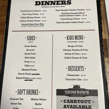 Show Down Steakhouse & Saloon - Dinner menu - American Near Me - Mount Vernon, Illinois Show Down Steakhouse & Saloon - Dinner menu - American Near Me - Mount Vernon, Illinois