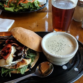 La Conner Brewing - Brie Burger (with grilled chicken breast) and side of clam chowder - Breweries Near Me - La Conner, Washington La Conner Brewing - Brie Burger (with grilled chicken breast) and side of clam chowder - Breweries Near Me - La Conner, Washington