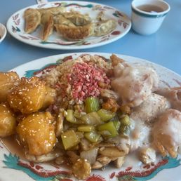 Almond Chicken, Cashew Chicken, Sweet & Sour Chicken.  Home made pot stickers.