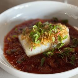 Small Hours - Icelandic Cod. Perfectly cooked with fresh garden tomato puree with nice clean tangy flavors.
