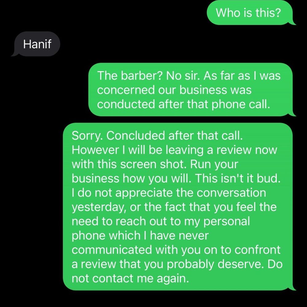 Conversation between owner and I. Conversation between owner and I.