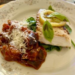 Chef Deanna Benson, Cooking with Friends - Sea bass with eggplant in a marinara sauce topped with Parmesan cheese!