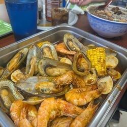 Lotus Kitchen - Trio (Cajun seafood) platter with a Thai boat pho.