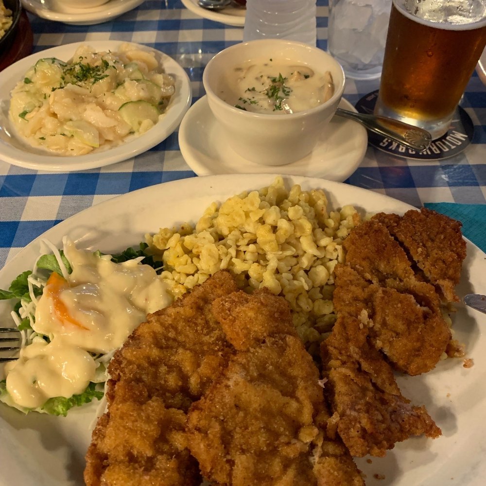 Lucky Frog Restaurant - Veal schnitzel with spätzle and salad - Mediterranean Near Me - Bradenton, Florida Lucky Frog Restaurant - Veal schnitzel with spätzle and salad - Mediterranean Near Me - Bradenton, Florida