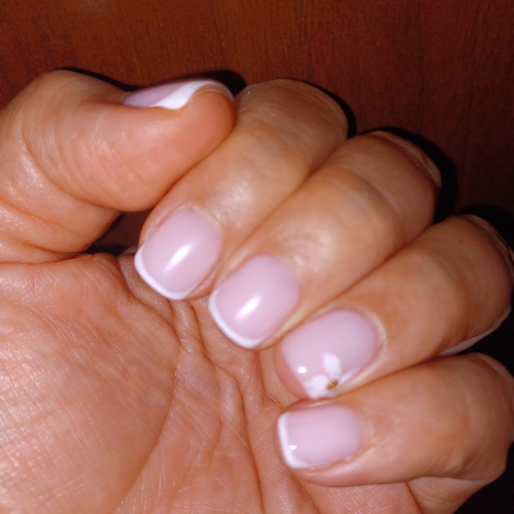 Pixie Nail Lab - Classic French gel manicure with a cherry blossom flower! - Nail Salons Near Me - Kirkland, Washington Pixie Nail Lab - Classic French gel manicure with a cherry blossom flower! - Nail Salons Near Me - Kirkland, Washington