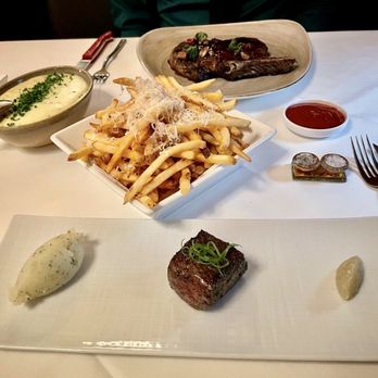 Alexander's Steakhouse - Japanese Miyazaki A5 Wagyu (front), Mashed Potato (mid left), Truffle Fries (middle), & Premium Prime 18 Ounce Ribeye (back) - Steakhouses Near Me - San Francisco, California Alexander's Steakhouse - Japanese Miyazaki A5 Wagyu (front), Mashed Potato (mid left), Truffle Fries (middle), & Premium Prime 18 Ounce Ribeye (back) - Steakhouses Near Me - San Francisco, California