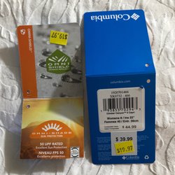 Columbia Factory Store - Sales price tag from purchased items.