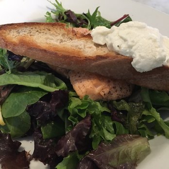 Tiny Boxwoods - Salad Provençal with Salmon and Bread Stick topped with Goat Cheese - New American Near Me - Houston, Texas Tiny Boxwoods - Salad Provençal with Salmon and Bread Stick topped with Goat Cheese - New American Near Me - Houston, Texas