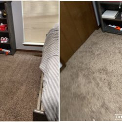 OKSR - Property Restoration Services - Great before and after pic of a teenagers room.  Kids can destroy carpet.  OKSR can bring it back to life.