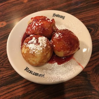 Solvang Restaurant - ebelskivers aka Aebleskivers with raspberry jam and powdered sugar - $4. - Scandinavian Near Me - Solvang, California