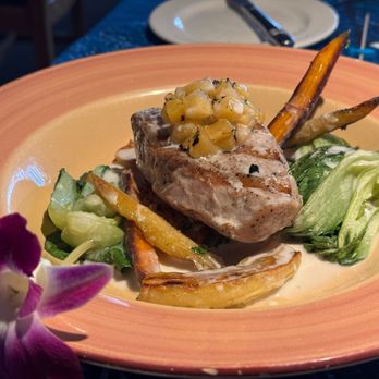 Mama's Fish House - Ahi entree with charred pineapple, rum baked banana, and coconut and Kalo hash - Seafood Near Me - Paia, Hawaii Mama's Fish House - Ahi entree with charred pineapple, rum baked banana, and coconut and Kalo hash - Seafood Near Me - Paia, Hawaii