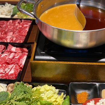 Tabe Mono - Short ribs (on the top) / Rib eye shabu with Miso (the orange color) broth and Sukiyaki broth - Japanese Near Me - Phoenix, Arizona