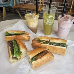 Whip X Banh Mi - Lemongrass Beef & Crispy Pork Belly Banh Mi with Creme Brulee Coffee, Pandan Sugarcane, & Strawberry Coconut Water