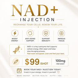 Support your wellness goals with a 100 mg NAD+ injection, designed to promote cellular energy, focus, immune health, and overall vitality.
