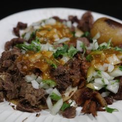 Avenue 26 Tacos - Asada taco, Pastor taco, Lengua taco, and side potato