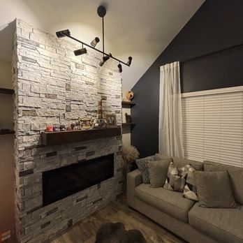 Zamir Company - Installed a new electric fireplace, brick façade mantle shelving and painted an accent wall - Framing Near Me - Ridgeland, South Carolina Zamir Company - Installed a new electric fireplace, brick façade mantle shelving and painted an accent wall - Framing Near Me - Ridgeland, South Carolina
