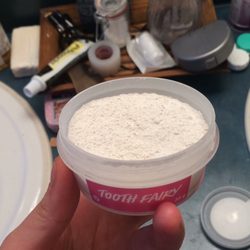 Lush Cosmetics - Powdered toothpaste. Smells very sweet, doesn't taste like what it smells like at all. Still good though