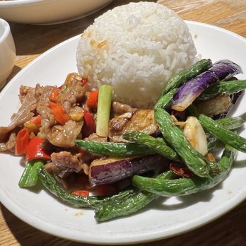 Ping’s Bistro - The plate setup, The Hunan Style Sautéed Beef, Sautéed eggplant with string beans, and rice - Chinese Near Me - Fremont, California Ping’s Bistro - The plate setup, The Hunan Style Sautéed Beef, Sautéed eggplant with string beans, and rice - Chinese Near Me - Fremont, California