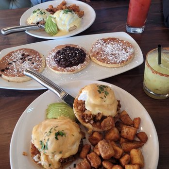 360 Brunch House - Mexican Benedict/ Pulled Pork Benedict. Pancake Flight:chocolate chip,bacon,and lingonberry.Drink: Bloody Mary/Avocado Margarita. - Breakfast & Brunch Near Me - Mansfield, Texas