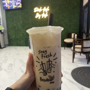 Presotea - Hojicha milk tea with panda boba - Bubble Tea Near Me - Elk Grove, California Presotea - Hojicha milk tea with panda boba - Bubble Tea Near Me - Elk Grove, California
