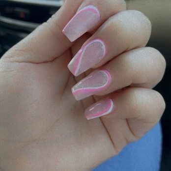Venezia Nail Spa - A hand with decorated nails featuring pink and white designs is shown in a car interior, with a 'thank you' message overlay. - Nail Salons Near Me - Glenview, Illinois