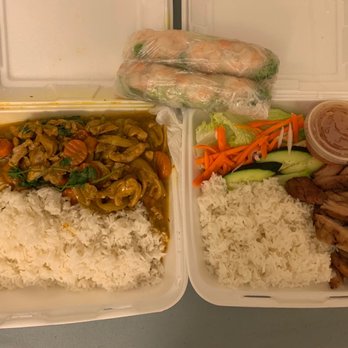 Pho Saigon - Left: Chicken Curry Chicken, Right: Steamed Rice W/ BBQ chicken, Above: Fresh Rolls - Vietnamese Near Me - Kent, Washington Pho Saigon - Left: Chicken Curry Chicken, Right: Steamed Rice W/ BBQ chicken, Above: Fresh Rolls - Vietnamese Near Me - Kent, Washington